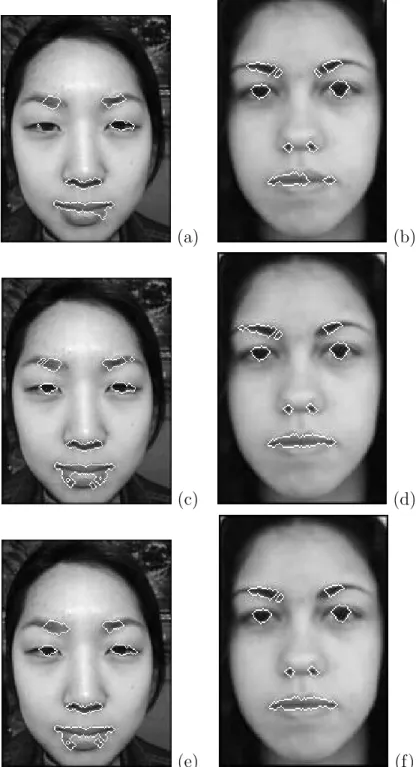 Fig. 8. Results of recognition (only eyebrows, eyes, nostrils and mouth are shown) on two examples