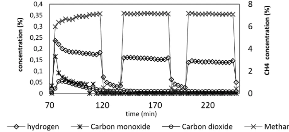 Figure  2  shows  measurements  of  gases  concentration  over  time  downstream  the  reactor  during  experiments