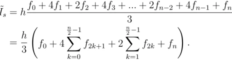 Figure 2.7 – Méthode composite de Simpson (p = 2) pour m = 3 intervalles (c’est à dire n = 6 sous intervalles et n + 1 = 7 points au total).