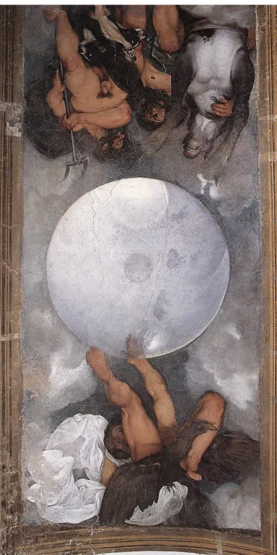 Figure 7. Le Caravage,  Jupiter, Neptune et Pluton, 1597-1600, huile sur plafond, 300 x 152  cm, Villa Boncompagni Ludovisi, Rome