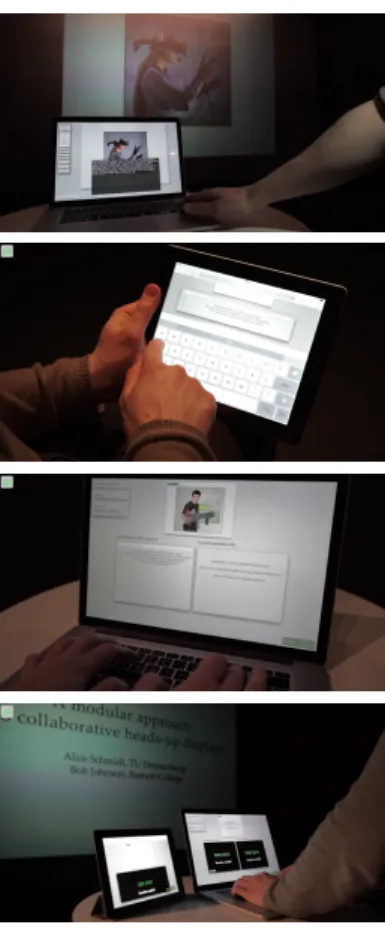 Figure 2: A slideshow controlled with Webstrates [4]. Top to bottom: presenter view, audience view, moderator view, session chair view.