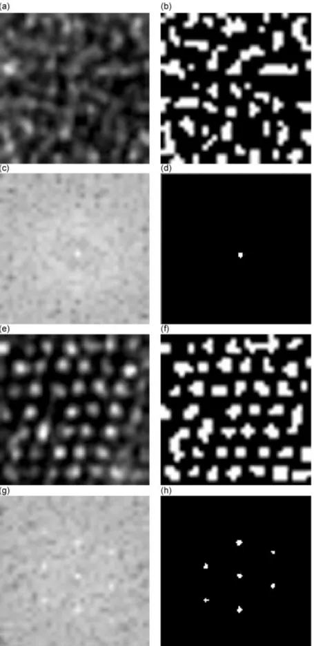 Fig. 5. Comparison between silica (top) and ceria (bottom). From left to right: initial image I, image with silica and ceria phases I sc , image of the power of fast Fourier transform (FFT) of I sc , thresholding of the power of the FFT