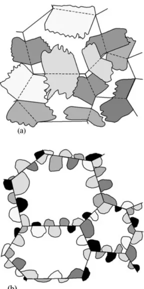 Fig. 3. { 127 } pole figures of (a) a duplex steel (single austenite grain), (b) simulated ferrite variants using the classical Kurdjumov–Sachs OR, and (c) simulated ferrite variants using the OR fitted by the author