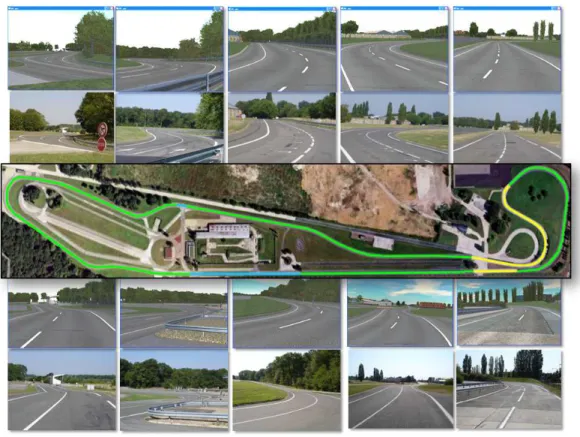 Fig. 14. Satory’s test track (virtual, real, and bird view) −1200 −1000 −800 −600 −400 −200 0 200 400−1000100200300400500Trajectories X [m]Y [m] ReferenceNew MFC