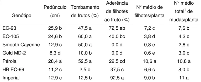 TABELA 2 - Comprimento do pedúnculo dos frutos, porcentagem de plantas com frutos tombados e  com mudas  tipo  filhote  aderidas  ao  fruto,  número médio  de  mudas  tipo  filhote  e  número  total 1  de mudas por planta