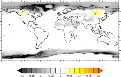 Fig. 6. Spatial distribution of multi-model mean changes in the clear sky albedo between mid-Pliocene and pre-industrial simulations