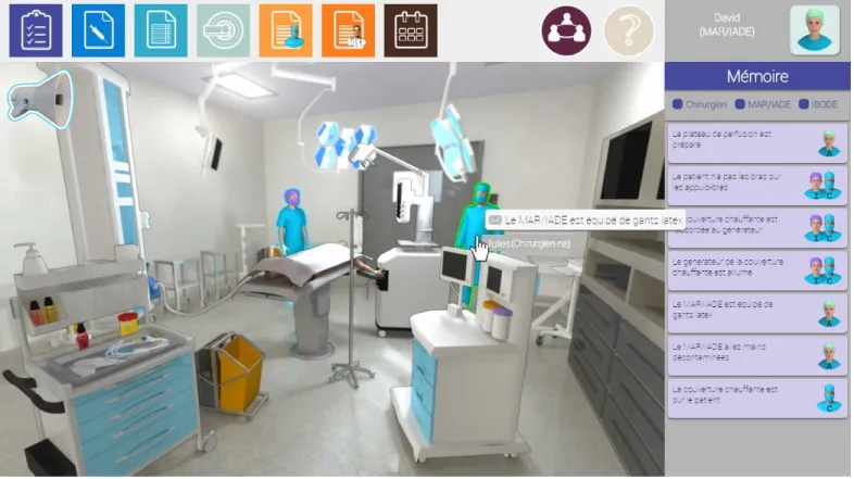 Fig. 2. This image is a screenshot from the game. The main panel is the 3D environment from the point of view of the player, including the objects, furniture and other characters