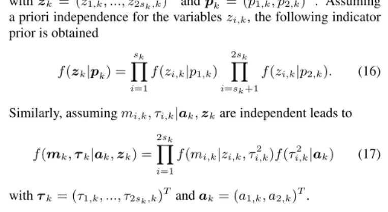 Table 1: Conditional distributions of the parameters and hyperpara- hyperpara-meters, where I 1 = (1, ..., s k ) and I 2 = (s k + 1, ..., 2s k ).
