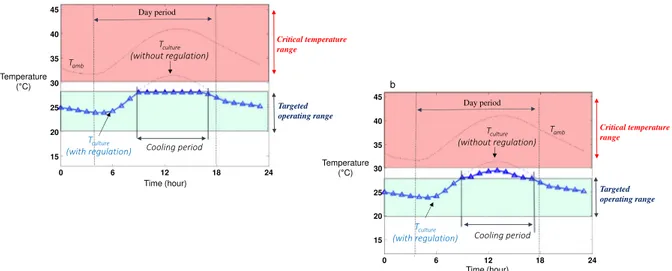 Fig. 9. Predicted daily time-course change in culture temperature with thermal regulation (triangle symbols) assuming in ﬁ nite power of the thermal regulation unit (panel 9-a) and with actual power of 250 W per unit of cultivated surface (panel 9-b)