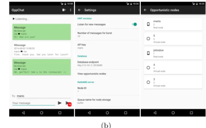 Figure 2: A set of screenshots: (a) shows the web-based monitoring interface for HINT; (b) shows different views of the OppChat Android application.