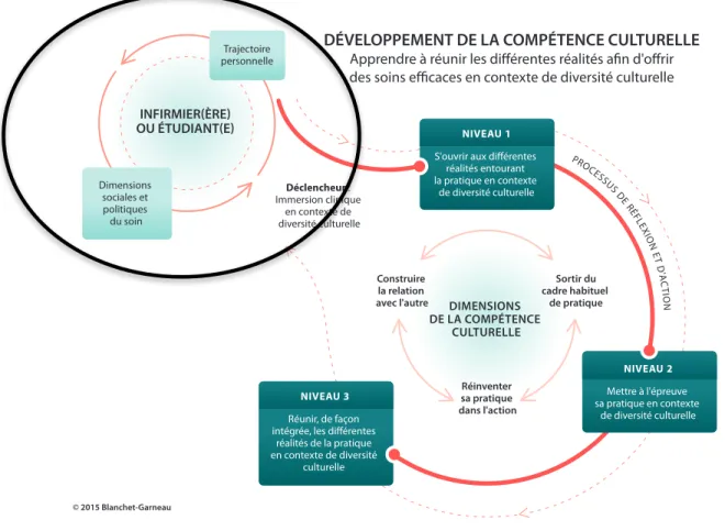 Figure  I :  Représentation  schématique  du  modèle  de  développement  de  la  compétence  culturelle de Blanchet Garneau (2015) 