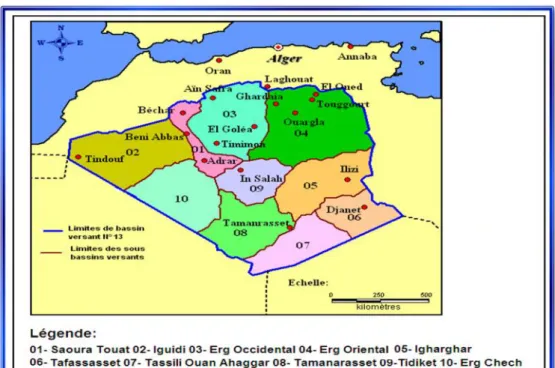 Figure N°19 : Carte des sous bassins versants du Sahara algérien et des stations Météorologiques d’après Cahiers de Sécheresse, No : 1/98