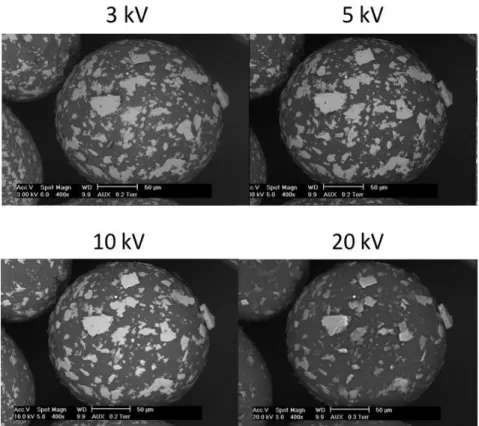 Fig. 7. Evolution of the E.S.E.M. images with increasing Acceleration Voltage, PMMA coated with 1%Talc 