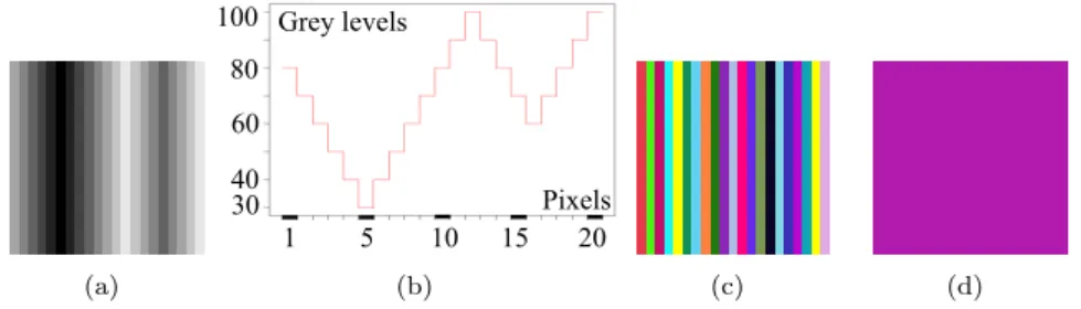 Figure 1. λ-flat zones of image "tooth saw" (21×21 pixels). (a) Image. (b) Row profile