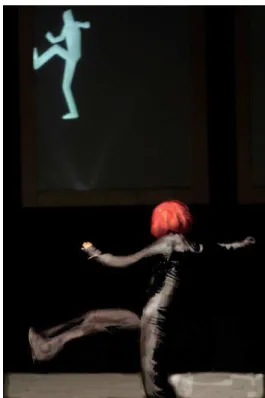 Figure 4: The actress dressed in the motion capture suit and her avatar.
