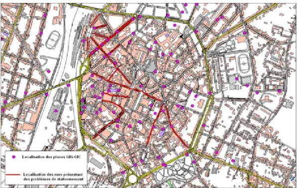 Illustration 12: Localisation des emplacements de stationnement réservés et identification des rues où le stationnement gênant est le plus fréquemment constaté (PV)