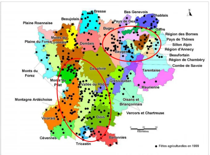 Figure 3 : Répartition des fêtes agriculturelles et zones agricoles de Rhône-Alpes en 1999
