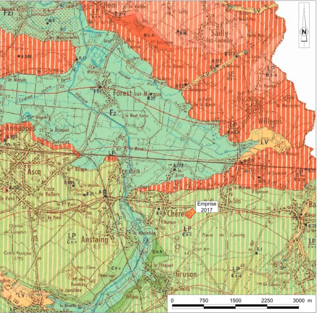 Fig    :  ocalisation de l’emprise sur un extrait de la carte géologique du B GM au 1 50 000.