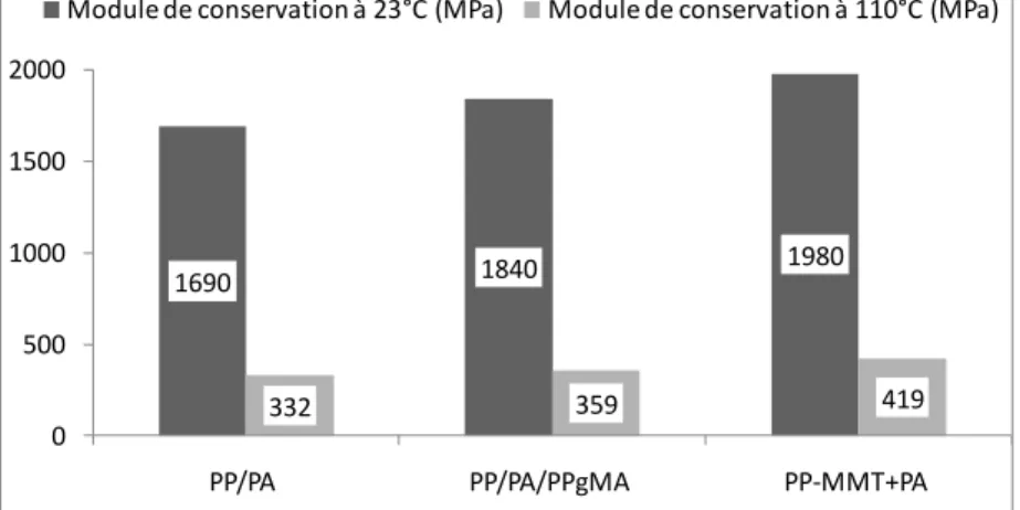 Fig. 7. Module de conservation à 23 et 110°C des mélanges PP/PA ; PP/PA/PPgMA ; PP-MMT/PA 