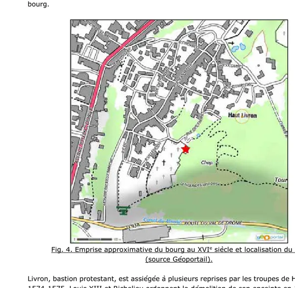 Fig. 4. Emprise approximative du bourg au XVI e siècle et localisation du site (source Géoportail).