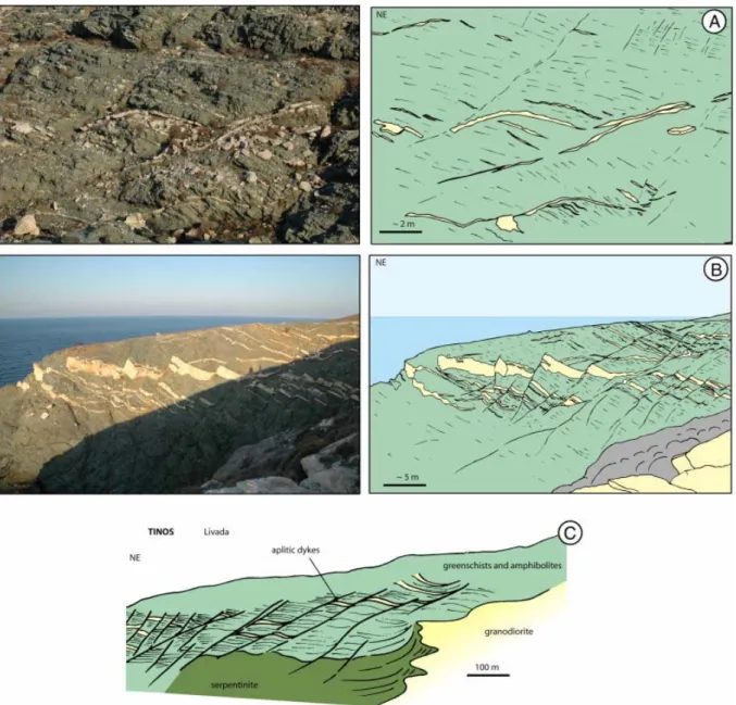 Fig. 7. Ductile and brittle deformations of aplitic sills in the hanging wall of the Tinos 