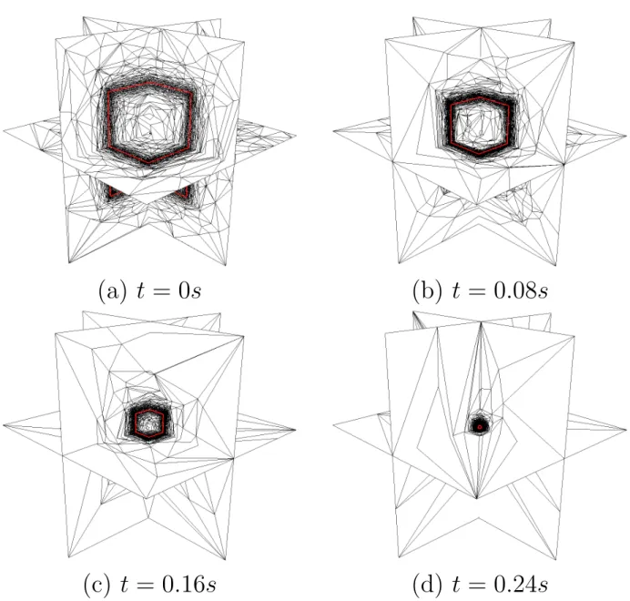 Figure 7: Anisotropic mesh used for the shrinking cube test case. The red thick line indicates the zero iso-level.