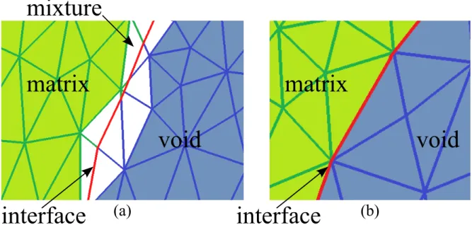 Figure 1: Immersed volume mesh with an implicit interface in a P1 formulation (a), and an explicit (body-fitted) interface (b).