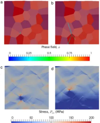 Fig.  12  Evolution  of  the  damage  PF  variable  (φ)  and  stress  in  a  polycrystalline  patch  loaded  in  the  horizontal  direction  at an applied tensile strain of: (a, c) 1.16%, (b, d) 1.21%