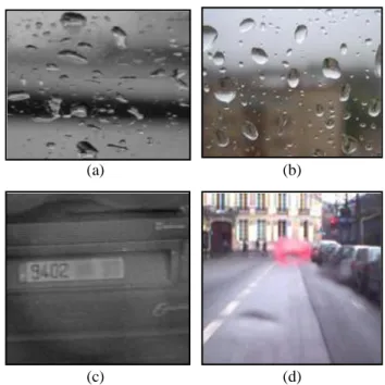 Figure 1.   Appearance of focused (a) (b) and unfocused (c) (d) raindrops on a  windscreen  in  grayscale  images  (a)  (c)  and  color  images  (b)  (d)