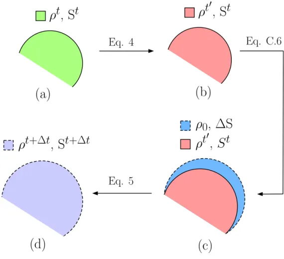 Figure 2: 2D scheme illustrating the evolution of a dislocation density field of a single grain due to the mechanisms of strain hardening and dynamic recovery(from (a) to (b)), grain boundary migration(from (b)9