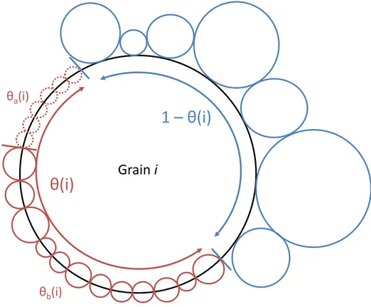 Figure 2: Representation of a grain in the NHM. Each grain i has a surface fraction θ(i) in contact with recrystallized (RX) grains represented in red colour and a surface fraction (1 − θ)(i) in contact with  non-recrystallized (NR) grains represented in b