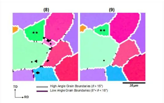 Figure 8. Disappearance (*) and shrinkage (**) of small grains at annealing step 9, in grain coarsening regime