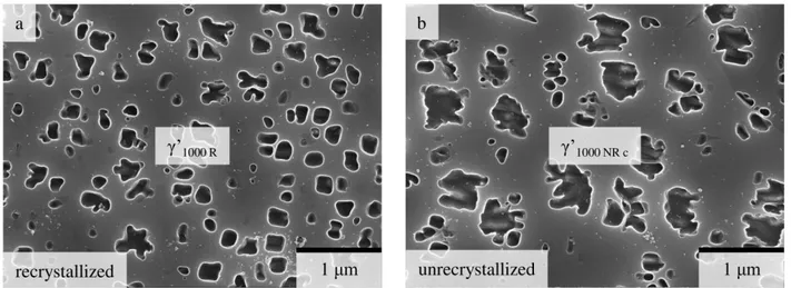 Figure 6: SE images of the sample q 1000  (the compression direction is vertical) showing  (a) γ’  1000 R  and (b) γ’  1000 NR c  precipitates in an unrecrystallized area
