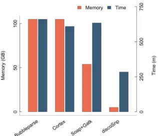 Figure 8. Comparative memory and time performances on the human chromosome 1 dataset. Time values are given with options depth= 1 for BUBBLEPARSE and −b1 for DISCO S NP .