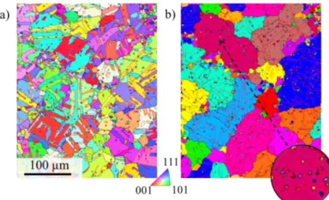 Figure 1. EBSD maps of ovegrown grains in a sample  forged and annealed at T sol  for one hour