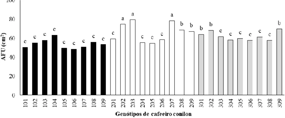Figura 1. Área foliar unitária (AFU; cm 2 ) de 27 genótipos de cafeeiro conilon. Médias seguidas pela mesma  letra na comparação entre os genótipos, não diferem entre si (teste de Scott-Knott, p ≤ 0,05)