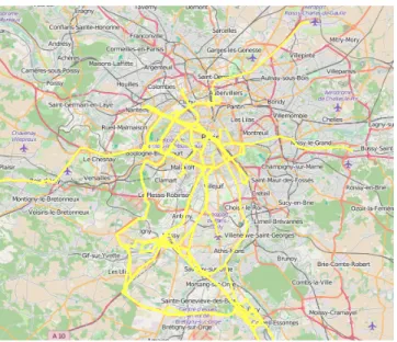 Figure 8: The coverage area of GPS data collected is shown in yellow on the map of Paris and region