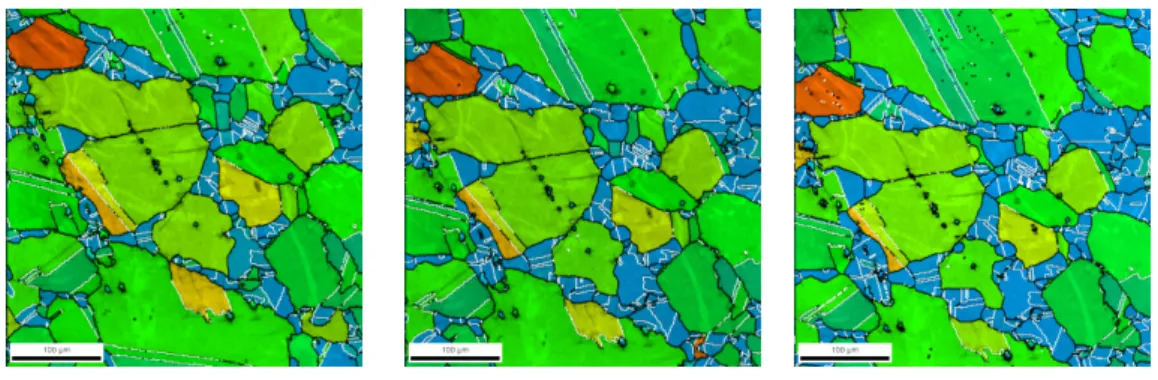 Figure  3. Microstructure  evolution of sample  A (initial DRX  volume fraction  = 2%)  after successive  post‐dynamic  annealing  steps  at  1020°C  (cumulated  holding  times  are  indicated  below  each  micrograph). Intragranular  misorientation GOS ma