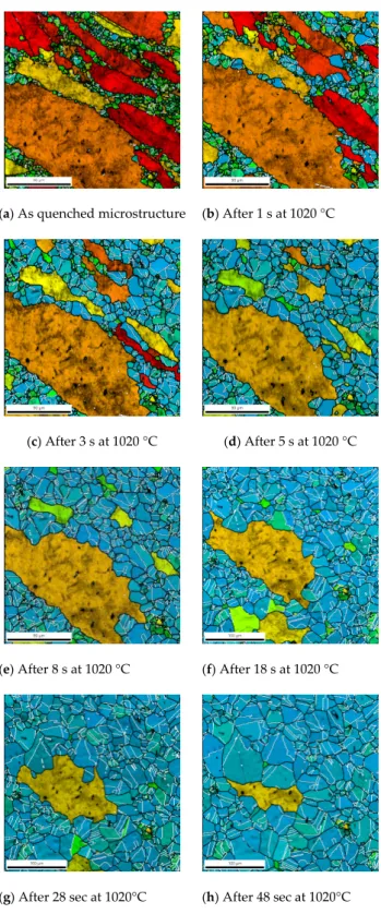 Figure 5. Microstructure evolution of sample B (initial DRX volume fraction = 26%) after successive post-dynamic annealing steps at 1020 ◦ C (cumulated holding times are indicated below each micrograph)