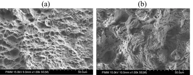 Fig. 16. SEM analysis of fracture at 500 °C: (a) Ti-6Al-4V, (b) Ti-6Al-4Vþ1.5% B 4 C.