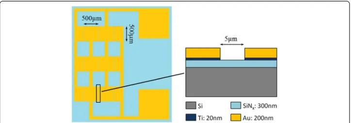 Fig. 1 The pattern of DEP chip and the schematic cross section of DEP groove. For the fabrication of the DEP chips, a 300-nm-thick SiN x film was firstly grown directly on silicon substrate by plasma-enhanced chemical vapor deposition (PECVD), and then the