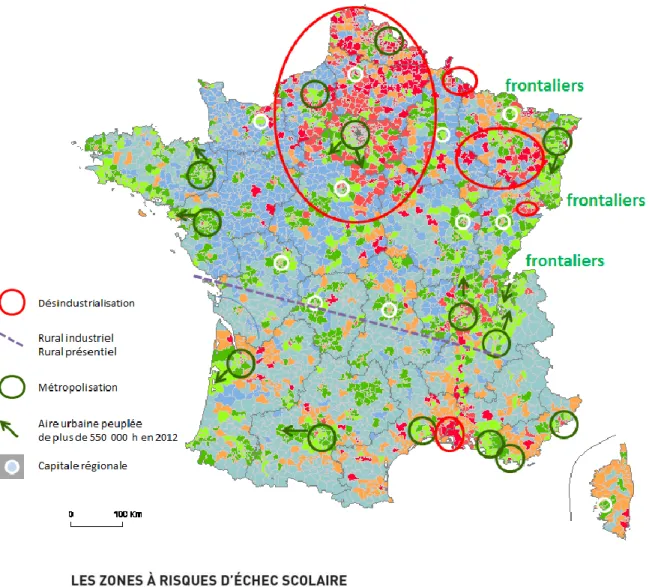 Figure 3 : Les zones à risque social d'échec scolaire et le processus de désindustrialisation /  métropolisation en France métropolitaine 
