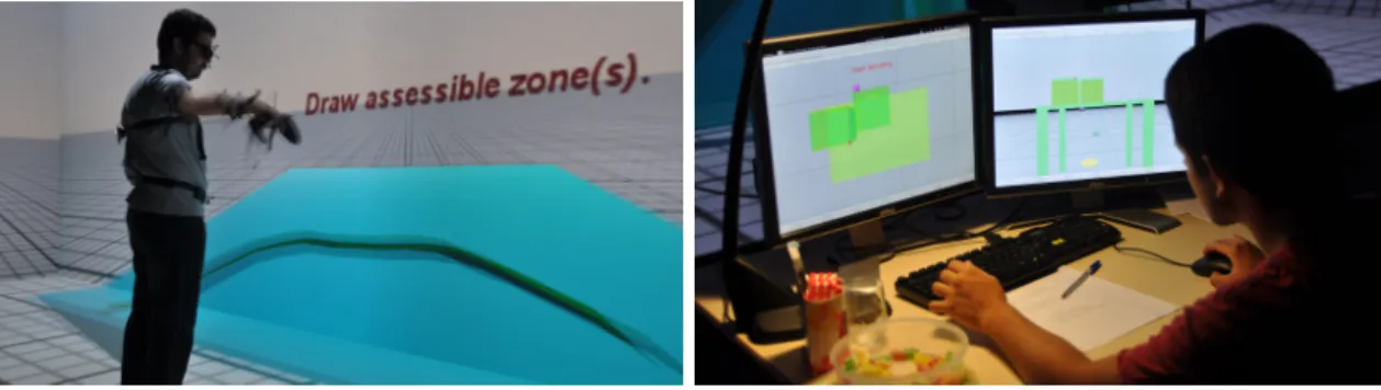 Figure 12 – Interfaces of the end-user and the design engineer : (left) end-user drawing their reachable zone on the table, (right) design engineer having two viewpoints on their workstation.