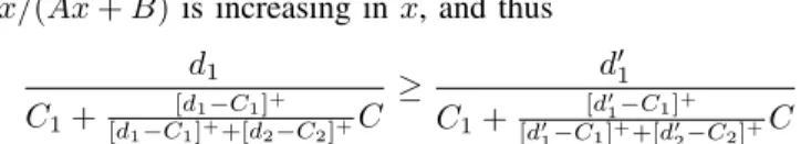 Figure 2 illustrates the Wardrop equilibrium characteriza- characteriza-tion, for fixed values of the unit prices p 1 = 1, p 2 = 2 and a given demand function