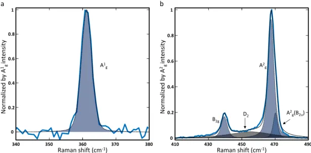 Figure 2.14: Exemple d’ajustement de spectres Raman. a, Spectre Raman autour du mode A 1 g d’une couche mince de phosphore noir (n = 18) excité à λ = 488 nm