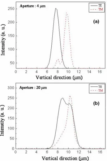 FIG.  4.  Experimental  near-field  profiles  for  both  TE  and  TM  polarizations  at  the  MZ  structure  output and for waveguide widths of 4 µm (a) and 20 µm (b)