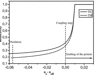 Fig. 3. Calculated reflectivity as a function of the refractive index variation of the core layer  after each step (functionalization and BSA grafting), with constant values of n 1  and n 2  for TE  and TM modes, working wavelength  λ  = 1.55 µm, d c  = 3.