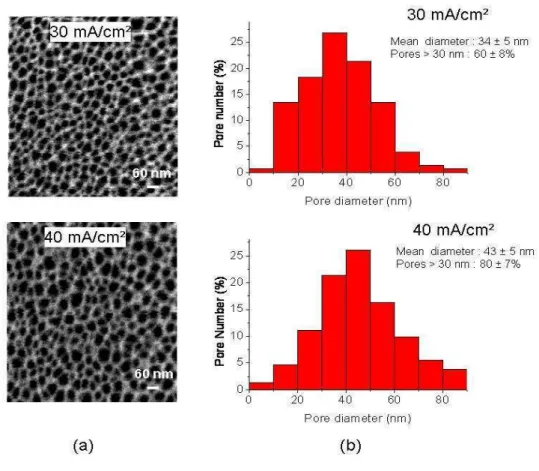 Figure  4:  (a)  Surface  SEM  images  and  (b)  histograms  of  pore  diameters  for  the  studied  anodization current densities of 30 mA/cm² and 40 mA/cm² after the partial oxidation step