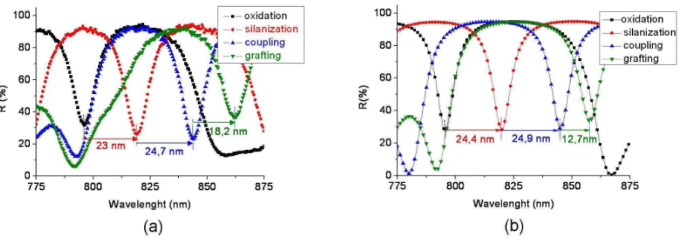 Figure  8:  Reflectance  spectra  of  POPS  microcavity  after  oxidation,  silanization,  coupling  and  grafting steps:  a) experimental; b) theoretical with e H  = 165.4 nm e L =145.8 nm