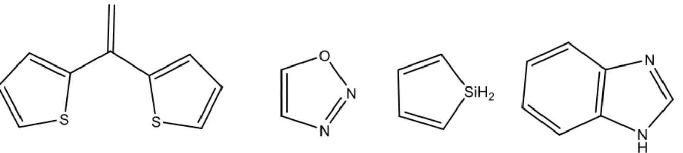 Figure  1.14:  Examples  of  various  cores  of  glass  forming  molecules.  From  left  to  right,  dithienylethene, 1,2,3-oxadiazole, silole and benzimidazole